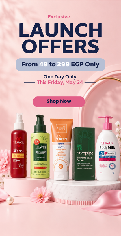 Promotional banner for a skincare launch offer featuring five products from Clarins, Les Soeurs Pharmacie, Seriphane, Seropipe, and Shaun's Body Milk arranged on pink pedestals with a pink background and text reading 'Exclusive LAUNCH OFFERS'.
