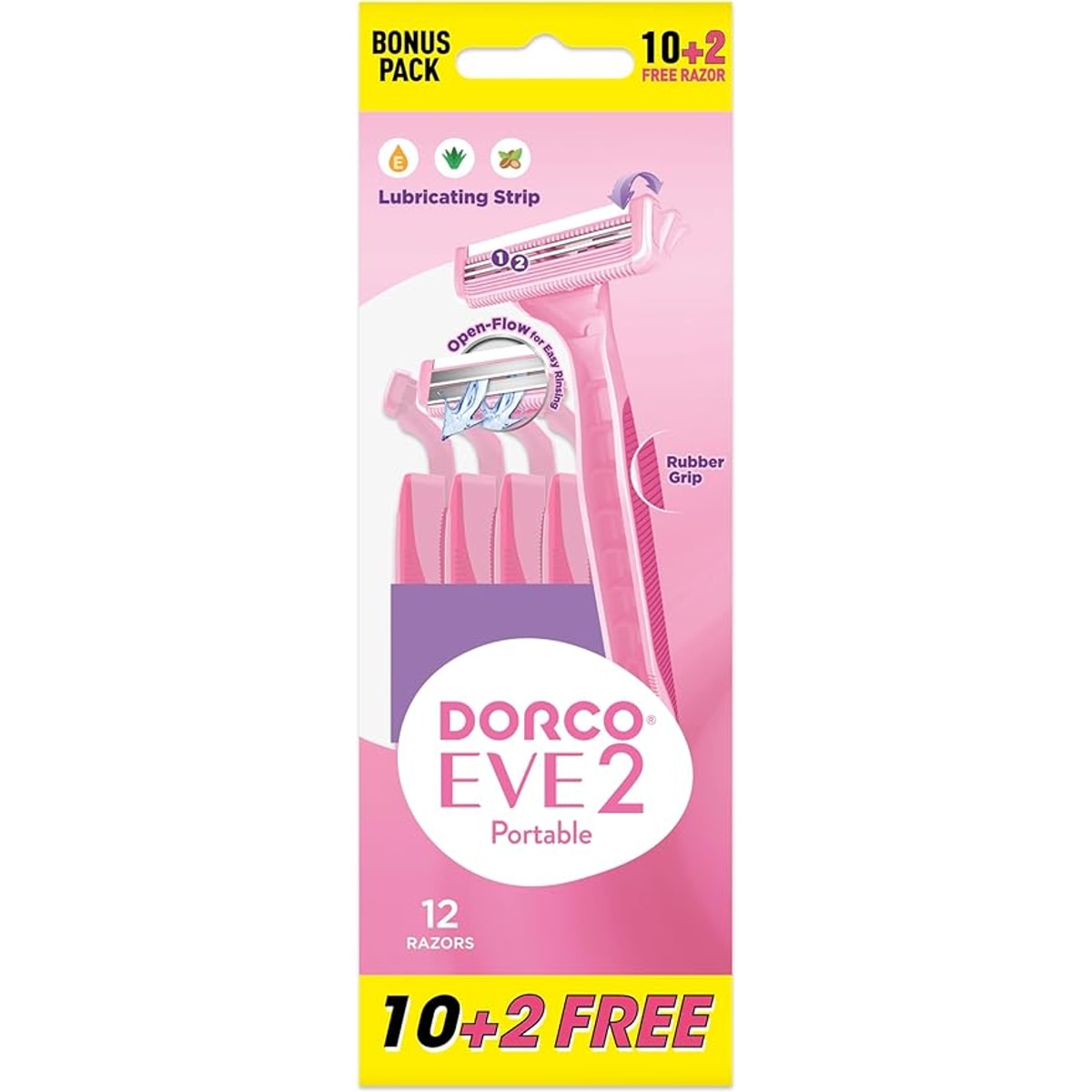 Dorco Women's Razors, 10+2 Pack, Long Rubber Handle